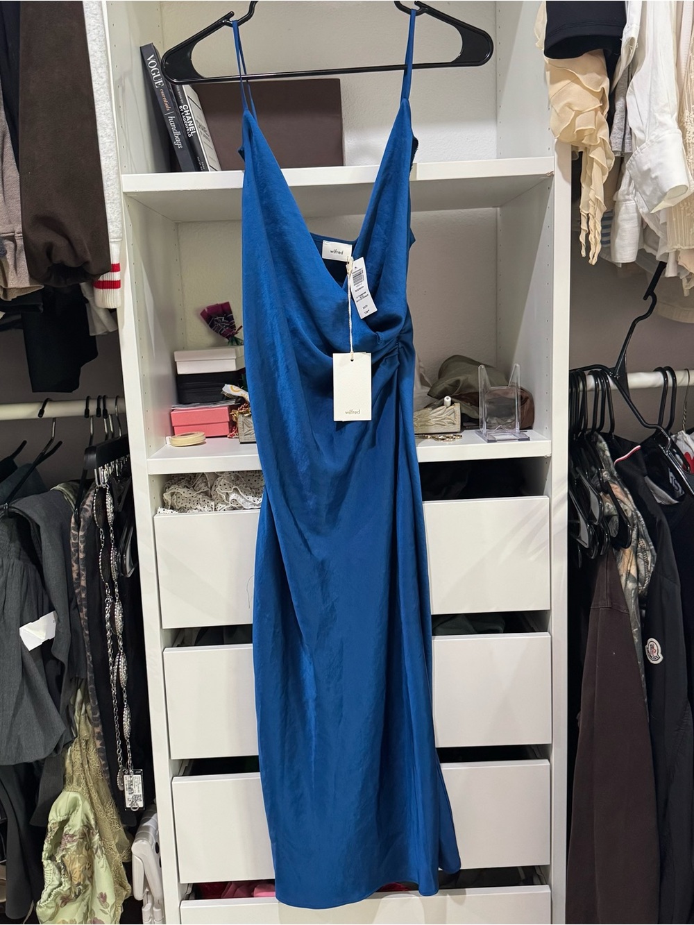 Wilfred Royal Blue Satin Slip Midi Dress with Draped Front